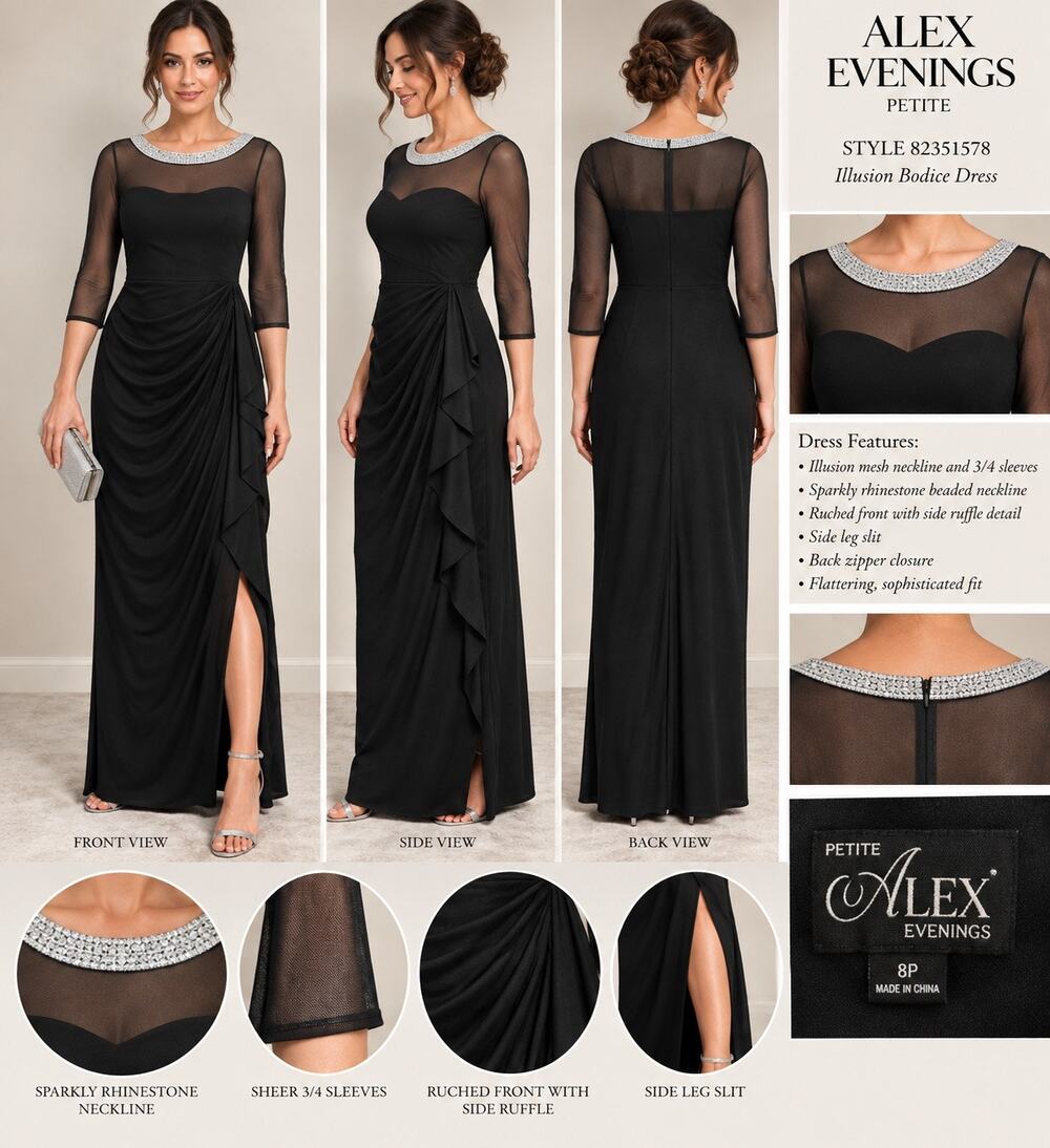 women Alex Evenings 8 Petite Rhinestone Illusion Mesh Ruched Formal Evening Gown